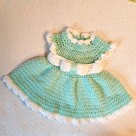 Hand Crafted Other - Baby Girl Dress 0-3M Handmade Green White Crochet Knit